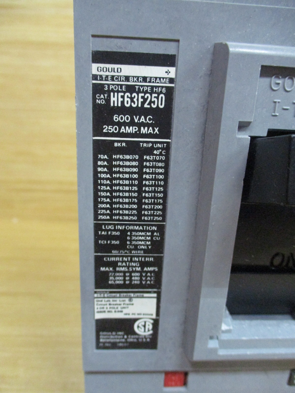 Gould HF63F250 ITE Circuit Breaker 250 AMP