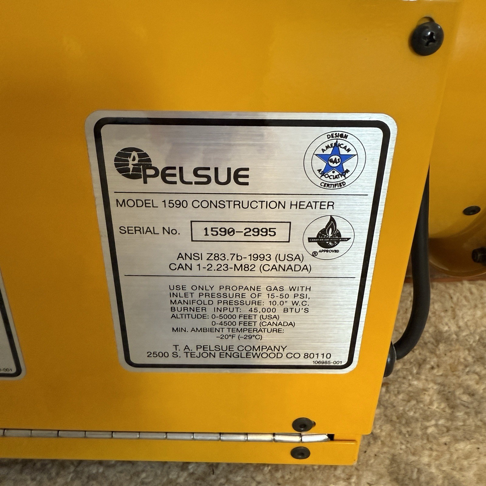 Pelsue 1590 Propane Heater Axial Blower 45,000 BTU 120V New Open Box TESTED