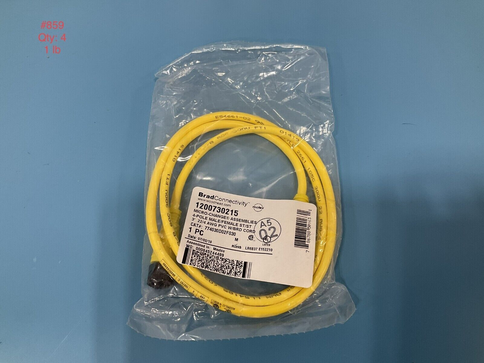 1200730215 Cable Assembly UL 2661 0.91m 22AWG Circular to Circular 4 to 4 POS F-