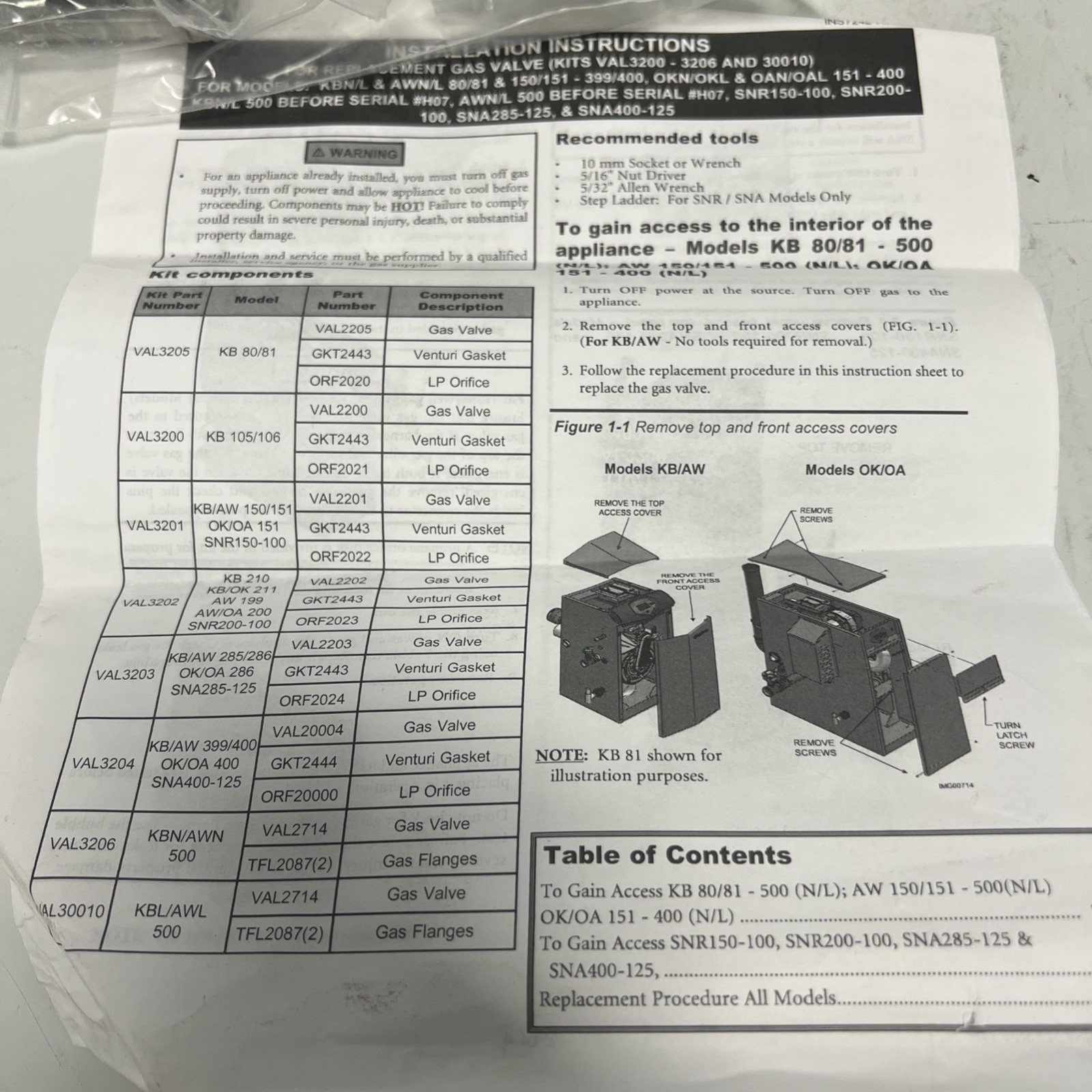 NEW, LOCHINVAR, 100172008, NATURAL GAS VALVE KIT, VAL3206, KBN/AWN 500(8L-2/8K-2