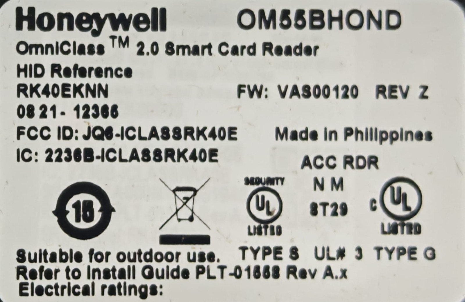Honeywell OM55BHOND Smart Card Reader