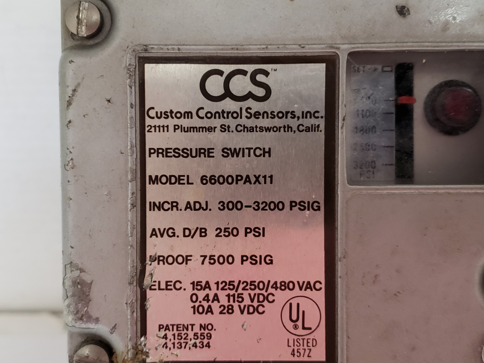 CCS 6600PAX11 PRESSURE SWITCH 300-3200PSI 15A 125/250/480V AC