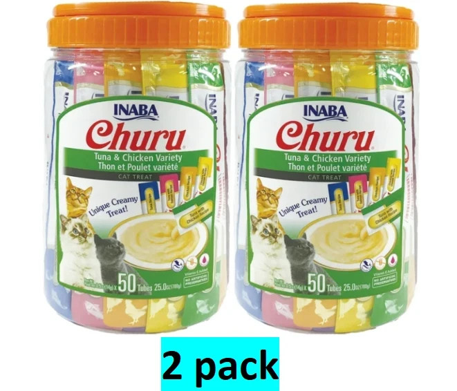Inaba Churu Puree Lickable Cat Treat Variety Pack – Tuna & Chicken, 50 Count,2pk