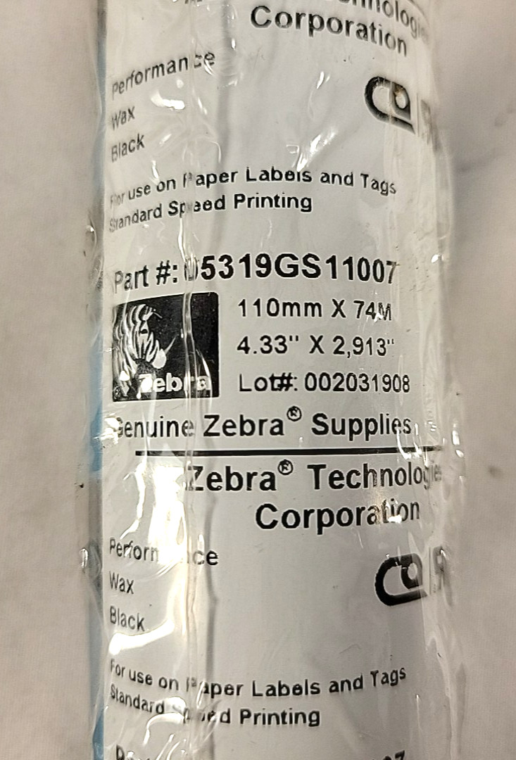 Zebra 4.33″ X 2913′ Performance 5319 Wax Ribbon Black 05319GS11007 – 8 Rolls