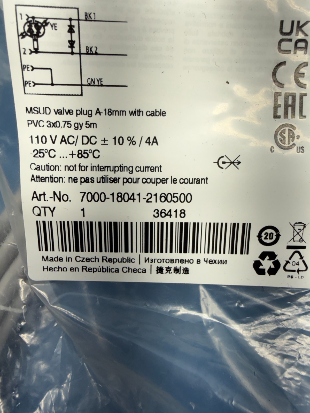 Murr Elektronik 7000-18041-2160500 110VAC 4A MSUD Valve Plug Cable