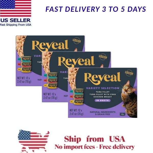 3 PACK Reveal Fish & Chicken Variety Pack Wet Cat Food in Broth 12 ct, 3-Flavor
