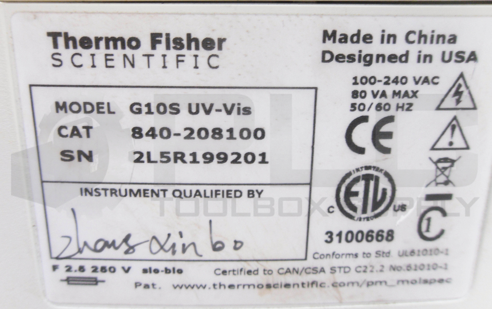 THERMO FISHER SCIENTIFIC G10S UV-VIS SPECTROPHOTOMETER 100-240VAC 840-208100