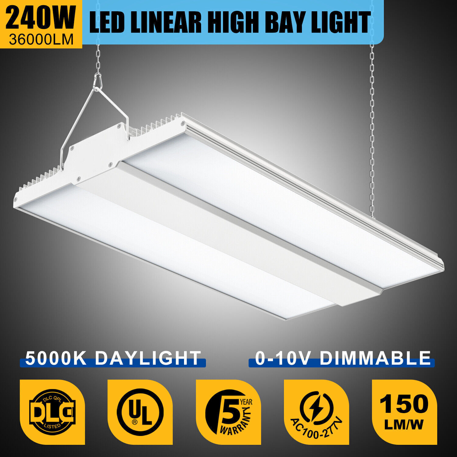 240W LED Linear High Bay Light 30000 LM Commercial Warehouse Shop Fixture 5000K
