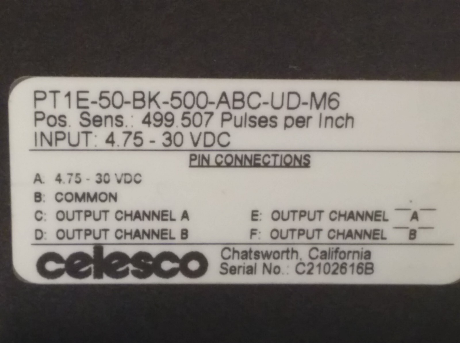 CELESCO PT1E-50-BK-500-ABC-UD-M6 INCREMENTAL ENCODER, 4.75-30VDC, NNB
