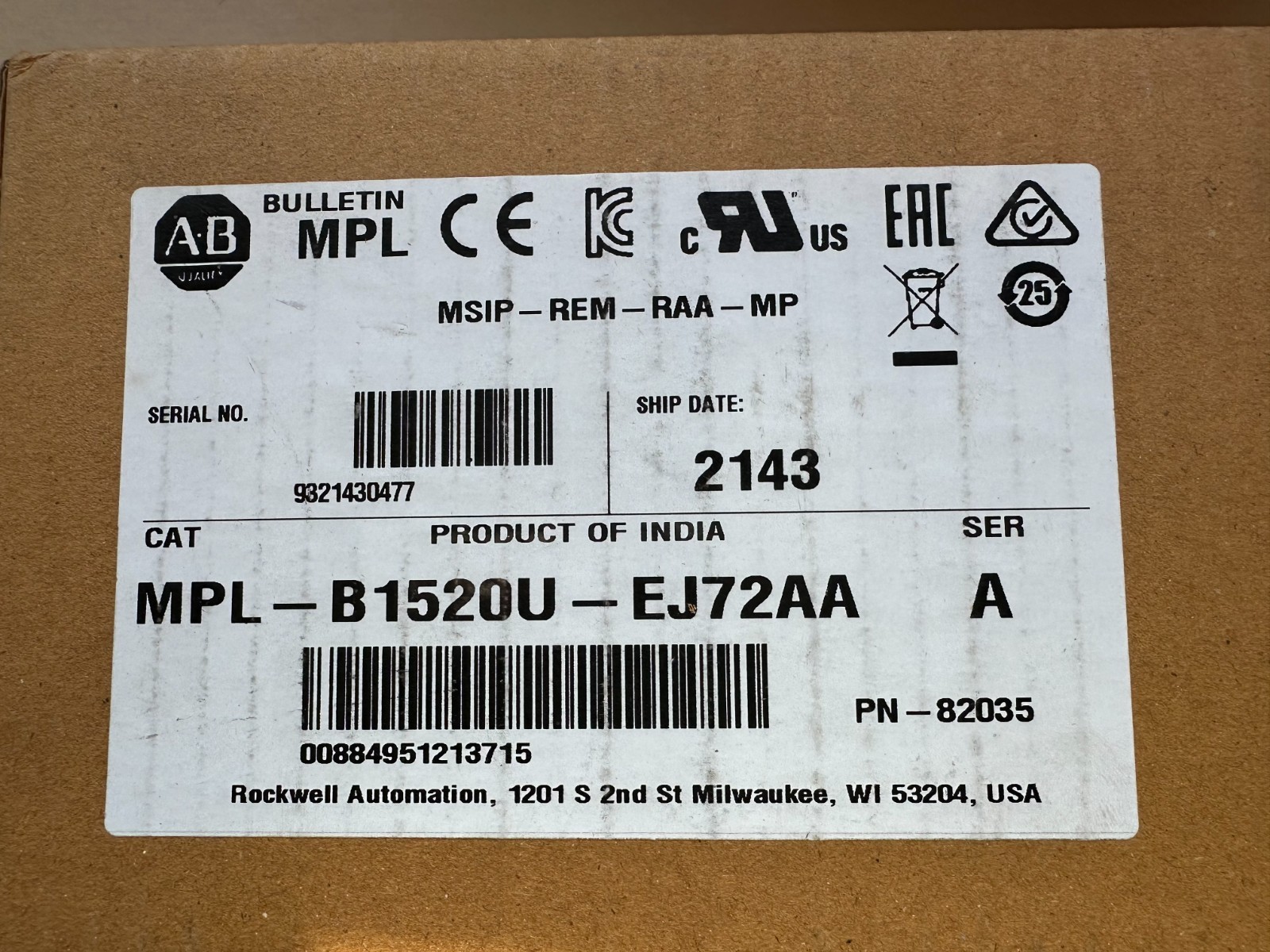 NEW Allen Bradley MPL B1520U-EJ72AA 2021