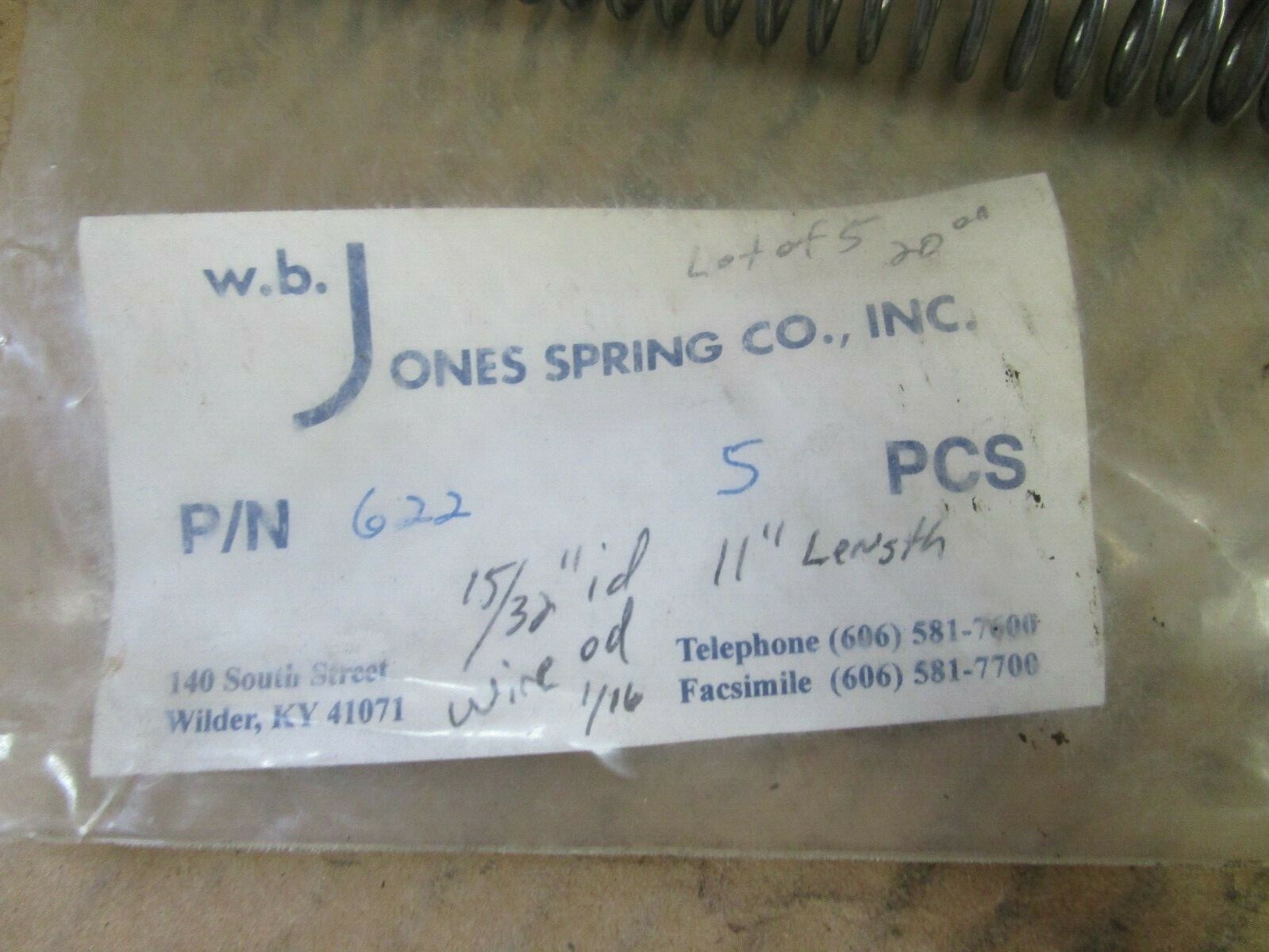 WB Jones Compression Spring 622 15/32″ ID 11″ L 1/16″ Wire OD Lot of 5 New