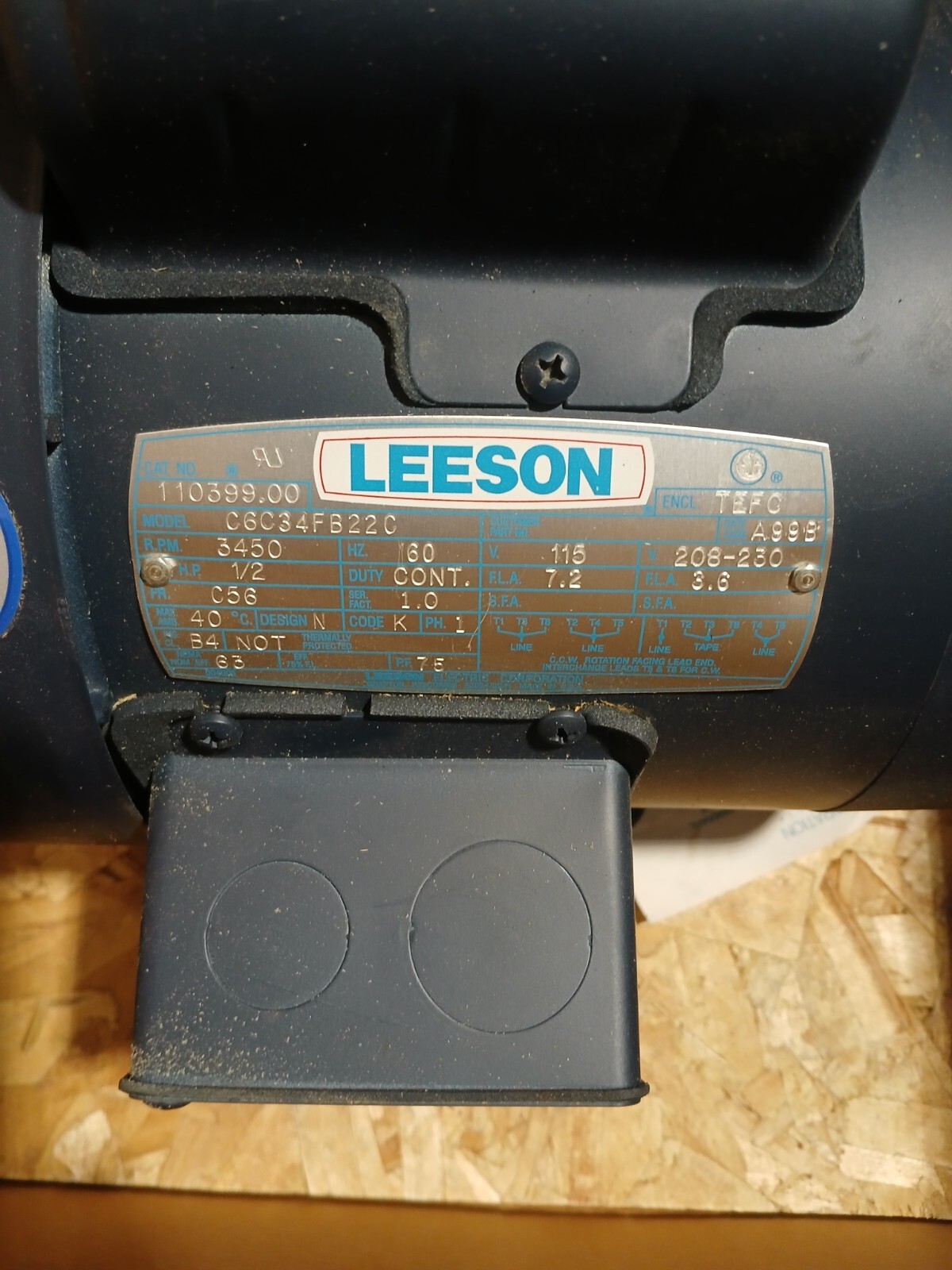 NEW LEESON 3450RPM 1/2HP SINGLE PHASE ELECTRIC MOTOR C6C34FB22C 110399.00