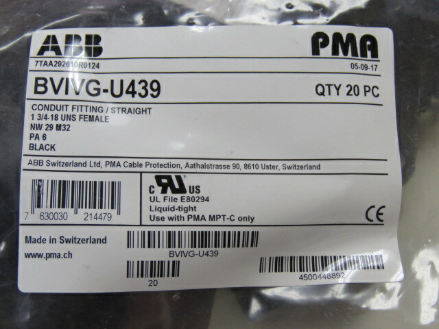 PMA BVIVG-U439 Qty of 4 per Lot STRAIGHT CONDUIT FITTING; 1-3/4-18 FEMALE; NW 2
