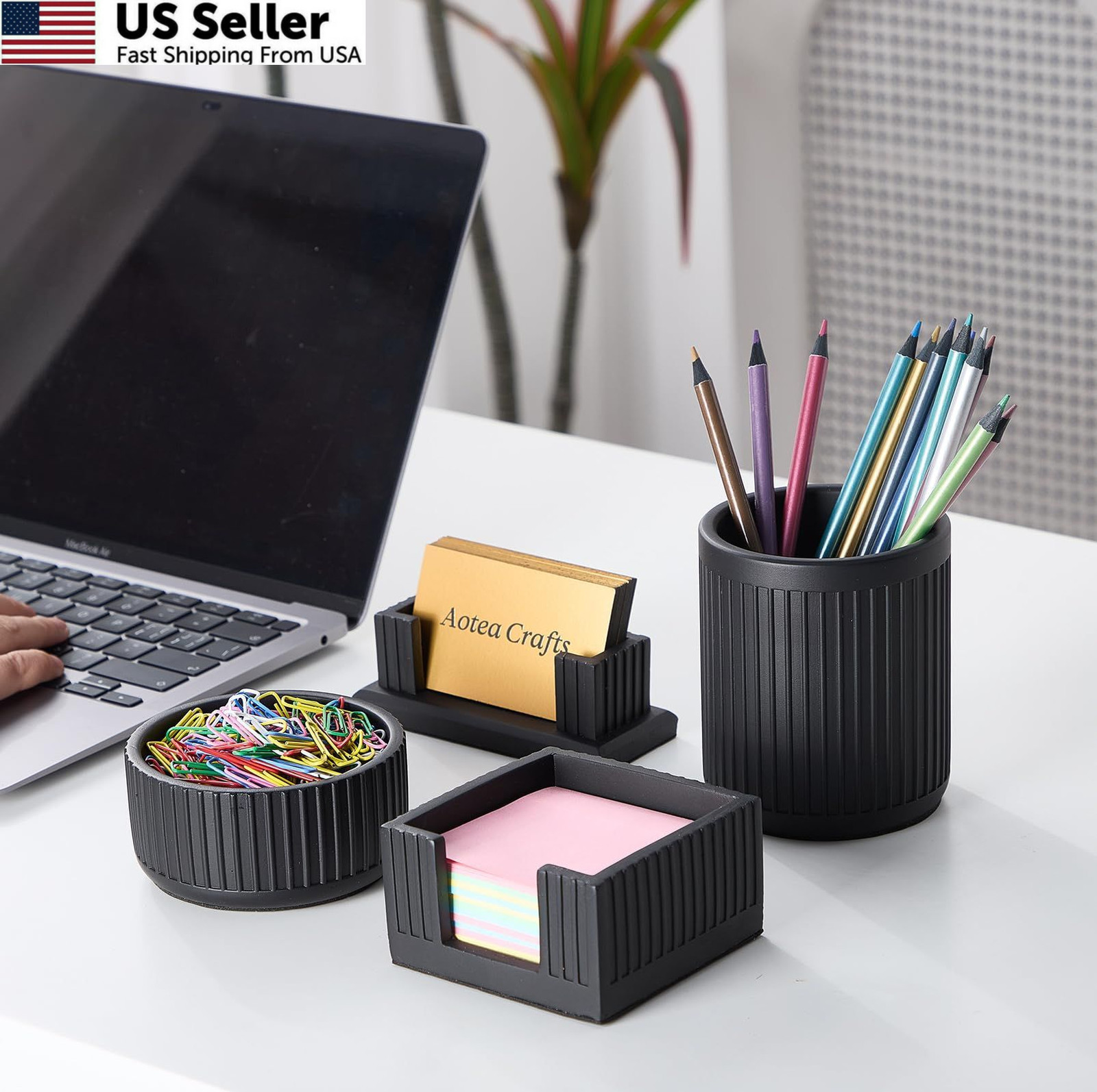 Set of 4 – Concrete Desk Accessories For Modern, Industrial, Charcoal Black