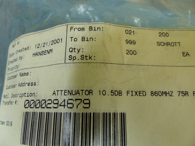 Scientific Atlanta 189422 Qty of 20 per Lot 10.5dB ATTENUATOR TO5 860MHZ 75