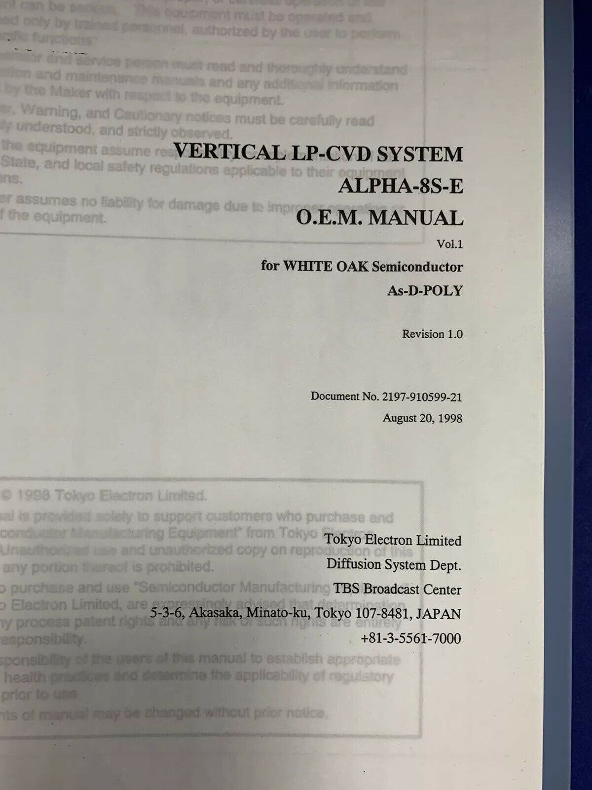 Tokyo Electron ALPHA-8S-E Vertical LP-CVD As-D-POLY O.E.M. Manual Volume 1, Used