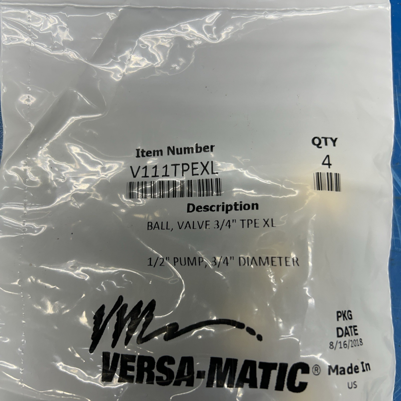 Versa-Matic V111TPEXL Ball Valve 3/4” TPE XL (qty. Of 4 In Sealed Factory Bag)