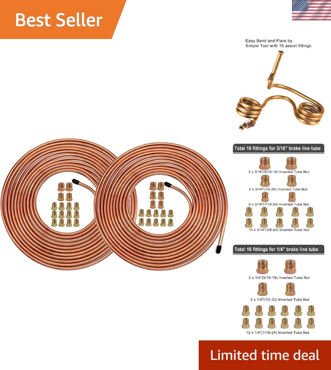 Brake Line Tubing Kit 3/16 & 1/4 inch 25Ft Dual Size – Copper Coated Alloy St…