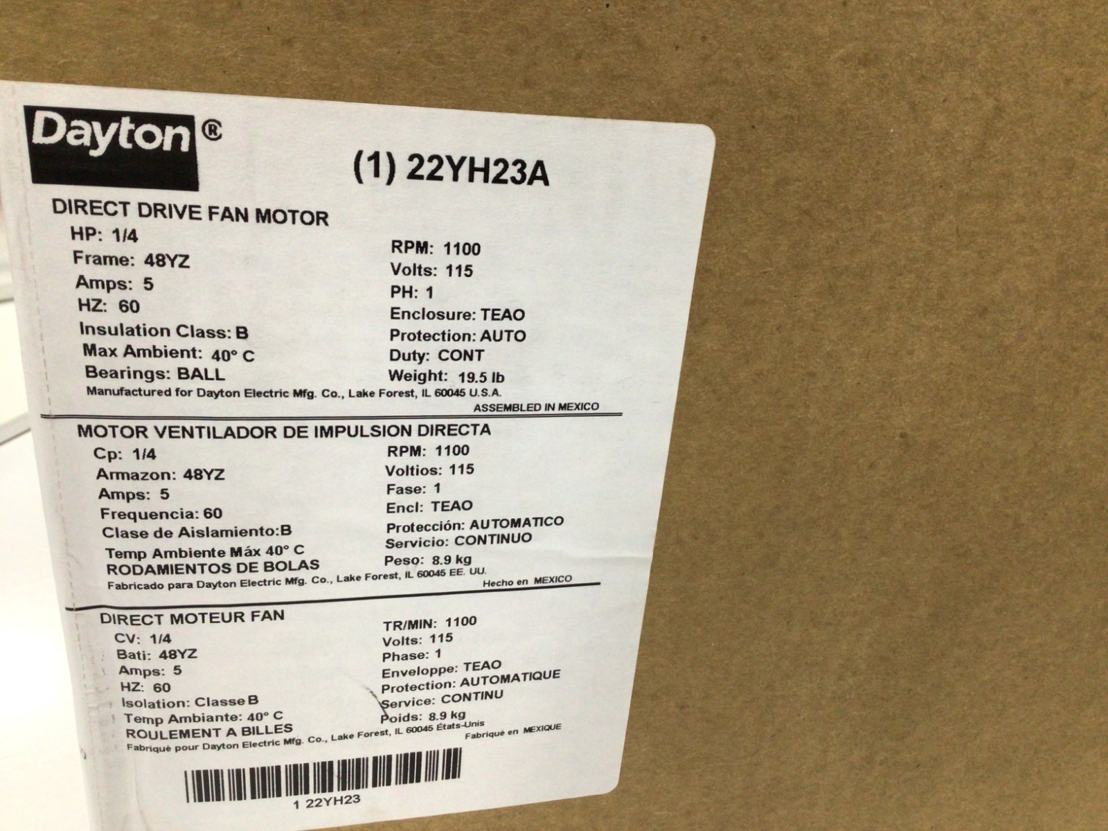 Dayton 22Yh23 Motor,HP: 1/4, Volts: 115, PH: 1