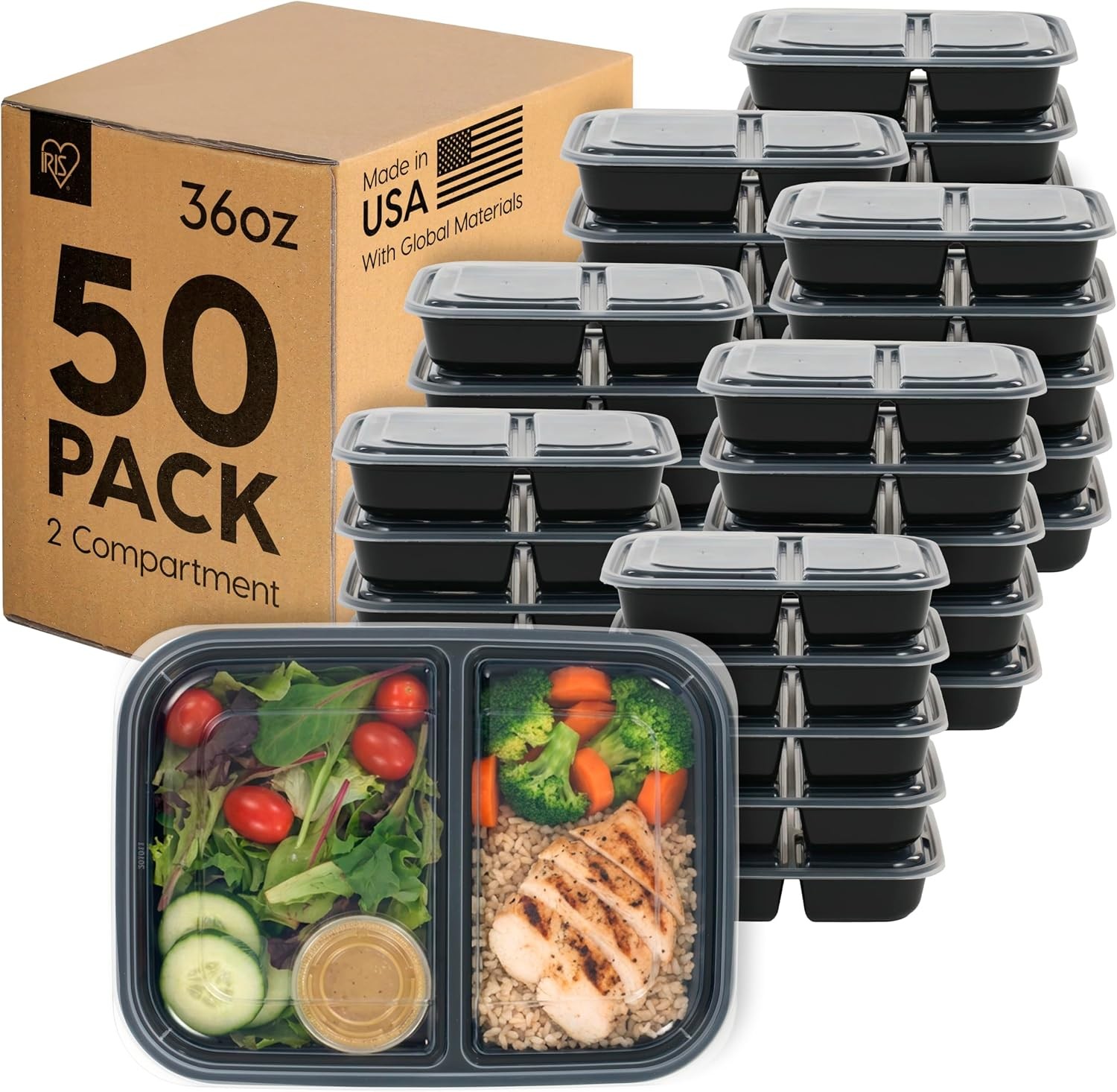 IRIS USA Meal Prep Containers, 36oz – 50 Pack (100-Piece) 2-Compartment Reusable