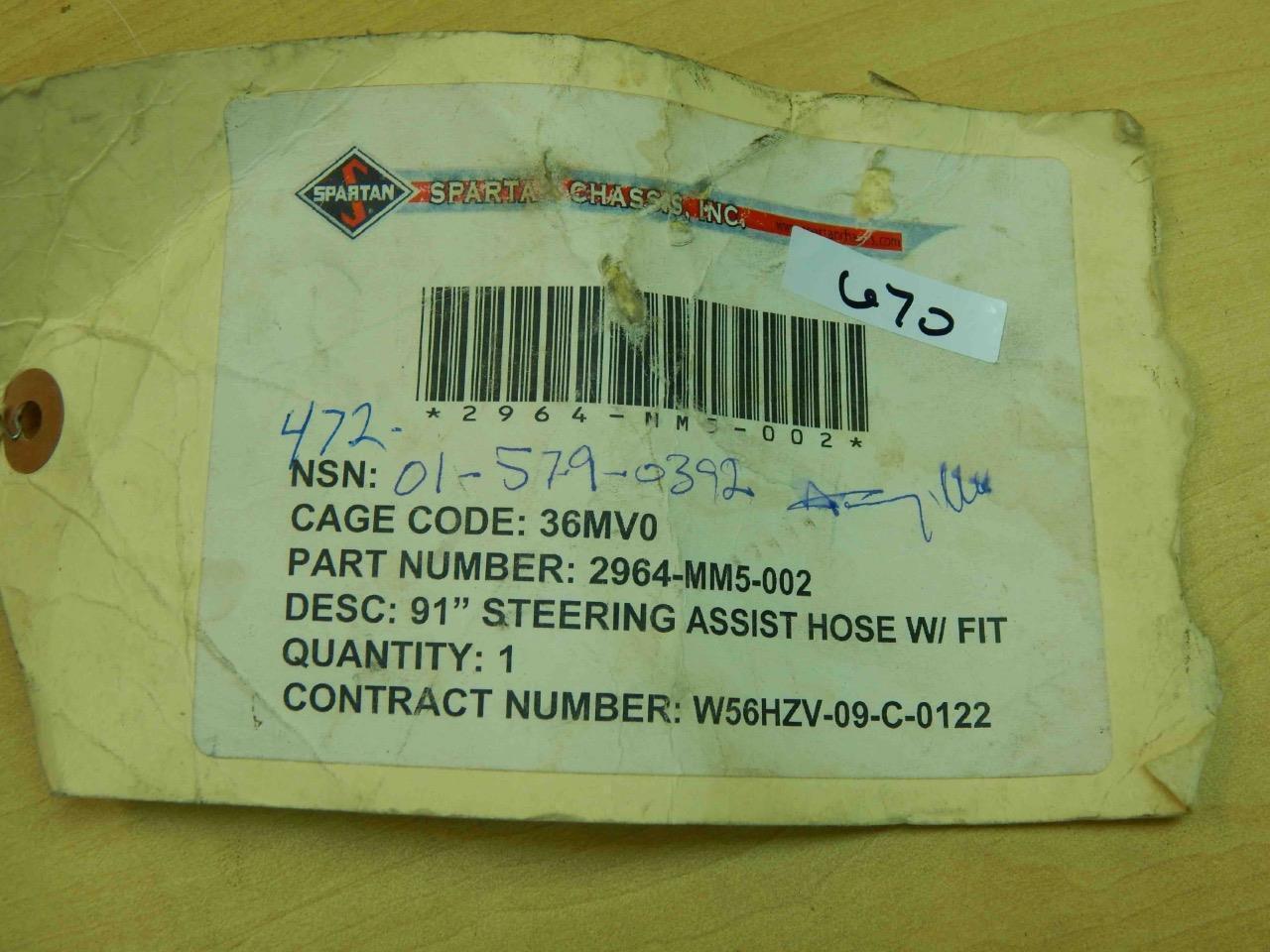 Spartan 2964-MM5-002, 4720-01-579-0392, 91″ Steering Assist Hose w/ Fitting #670
