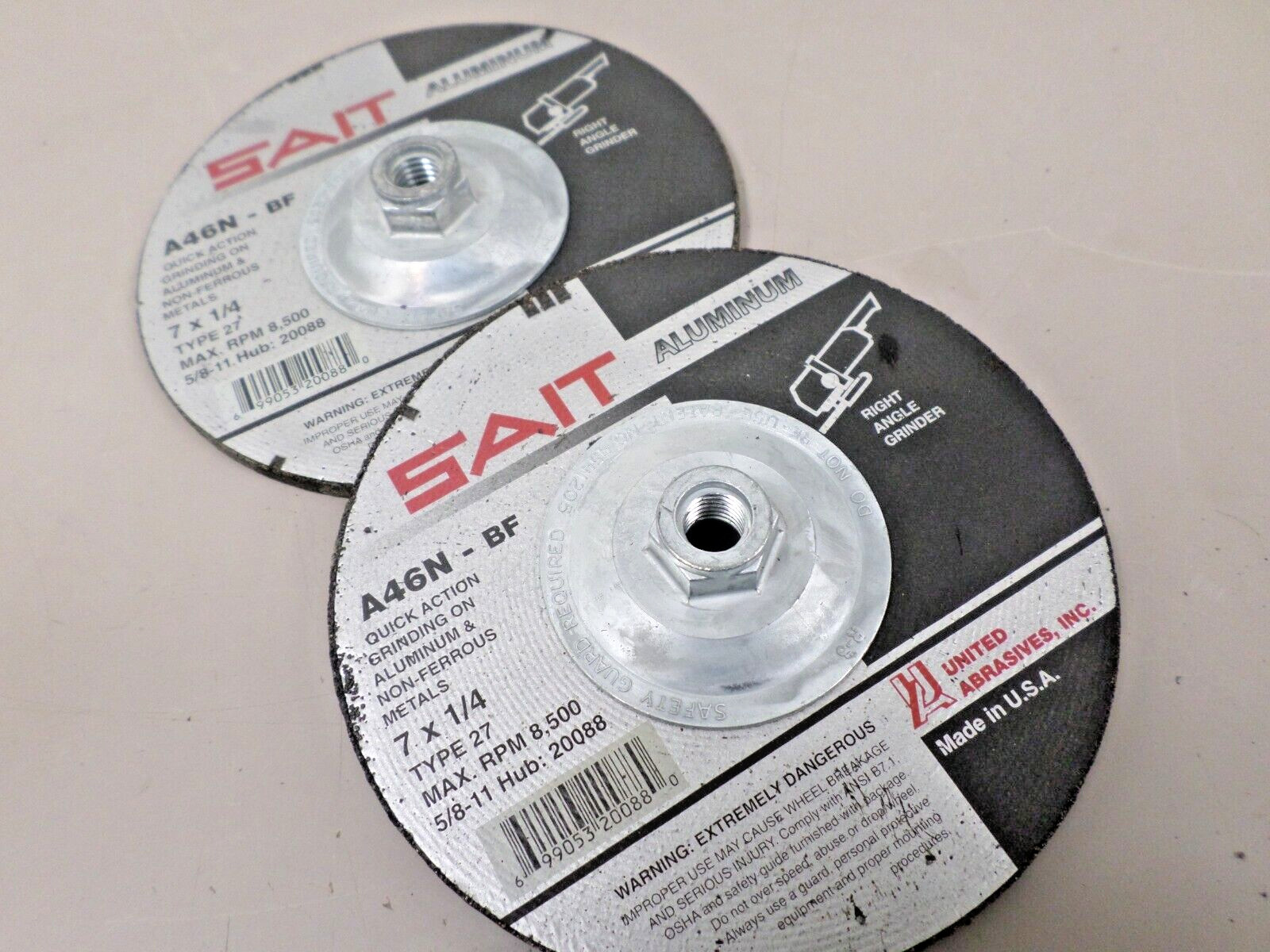 Lot of 2 – SAIT 20088 A46N-BF 7 x 1/4 Type 27 Depressed Center Grinding Wheels