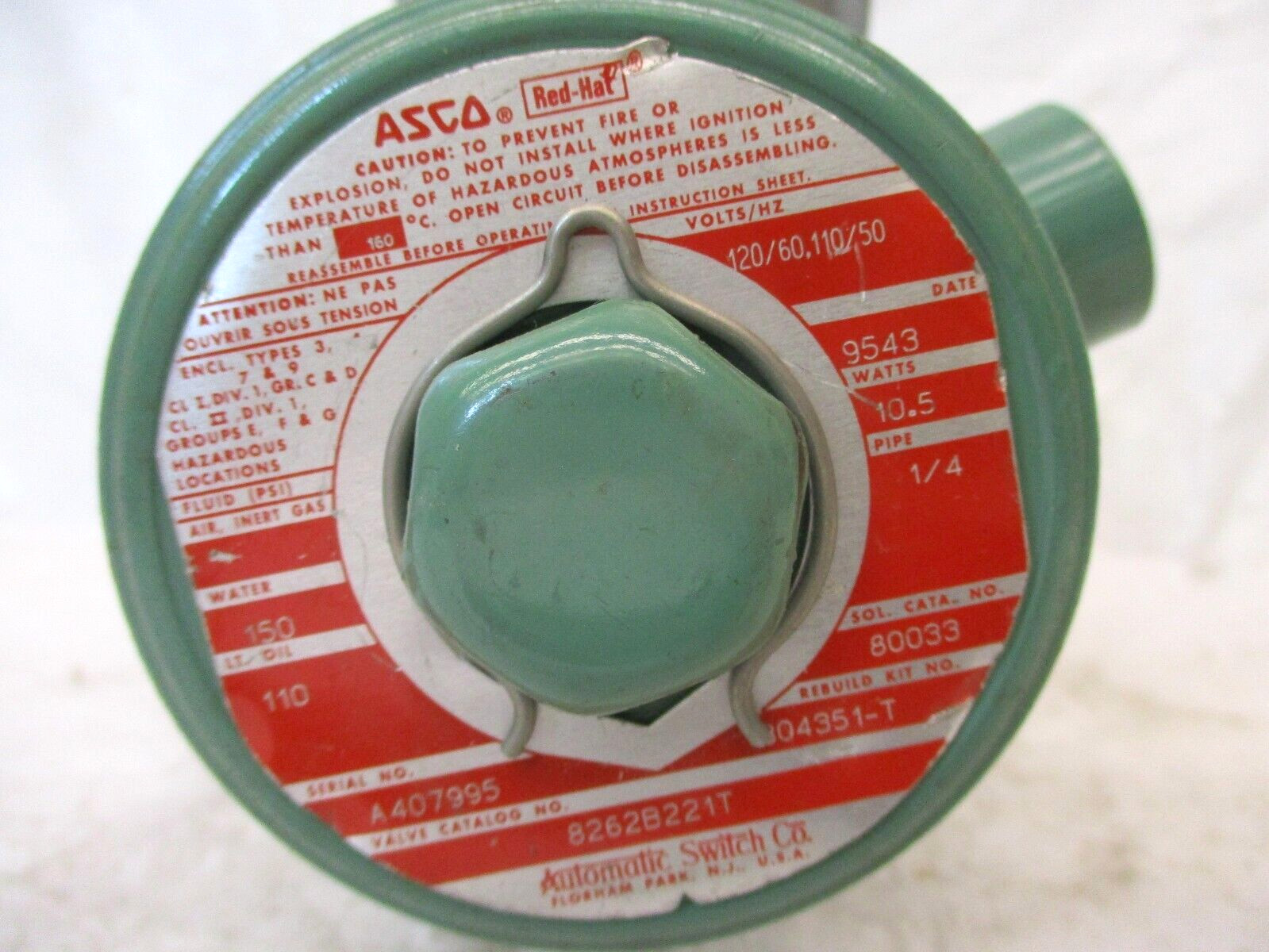 ASCO Red-Hat 8262B221T 120/60 110/50 Volts/Hz 1/4 Pipe A6951WVS