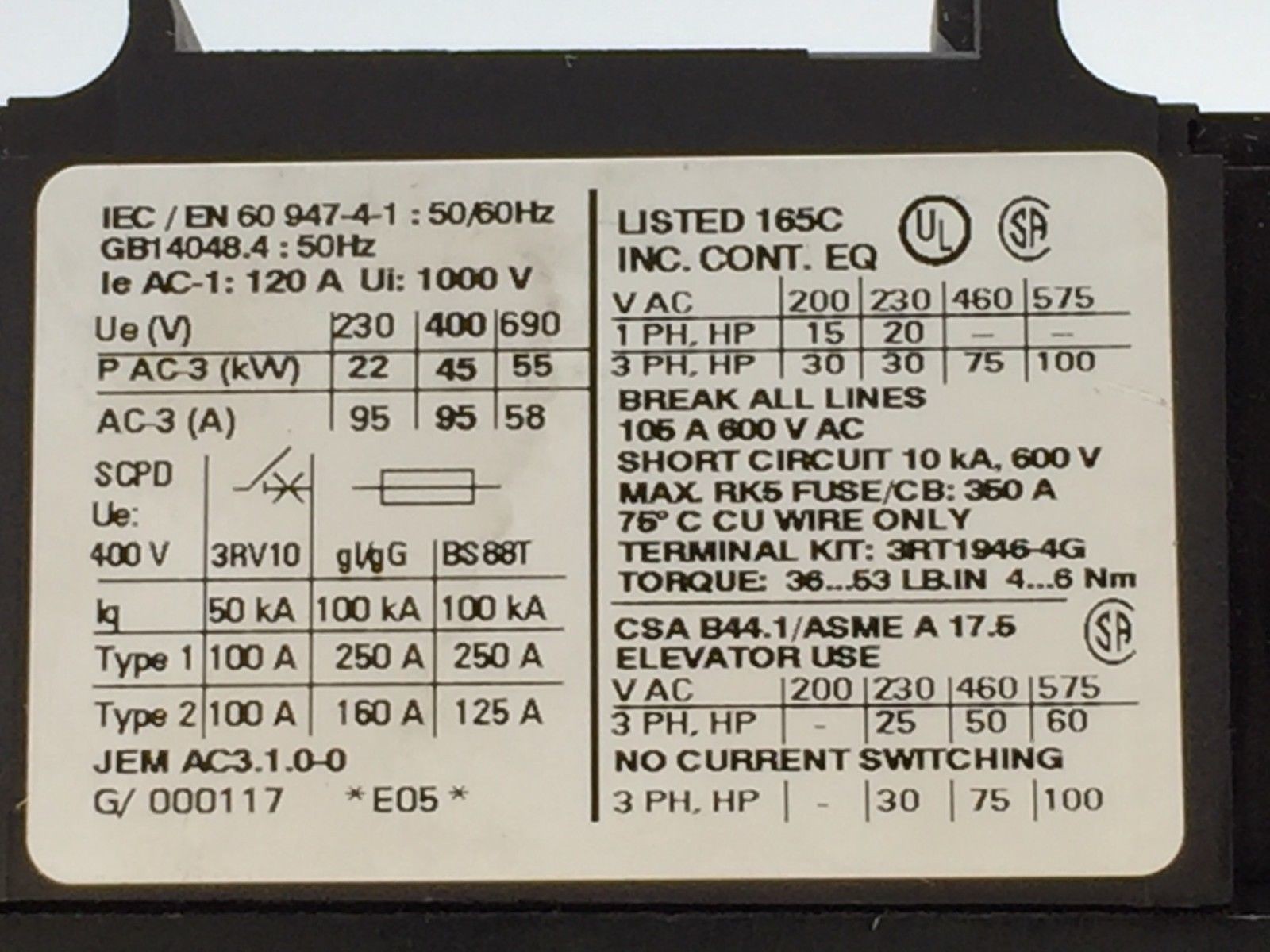 Siemens Sirius 3RT1046-1AV00 Contactor 110V 3P 3 Pole AC-3 400V 45kW 95A 95 Amp