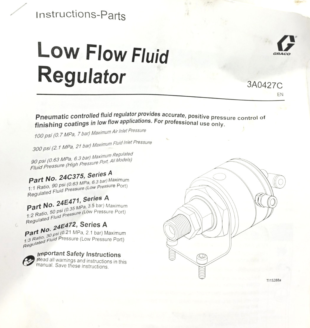 Graco 24C375 1:1 Precision Flow Fluid Pressure Regulator, 90 psi (6.2 bar) Max