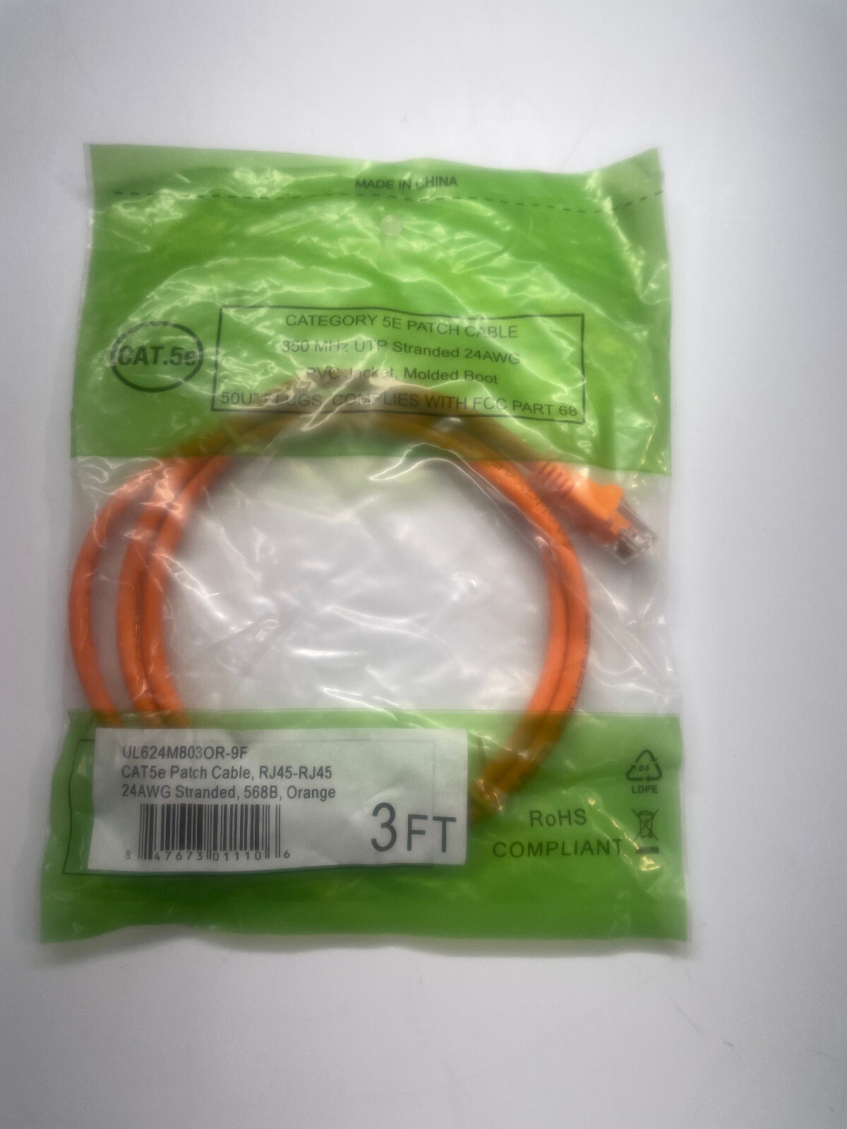 3Ft Cat5e Snagless Unshielded (UTP) Ethernet Cable – Orange, 1 per pack