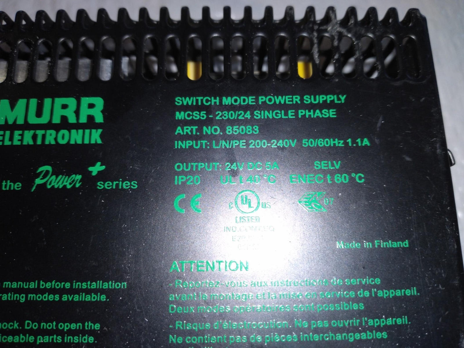 MURR ELECTRONIK 85083 SWITCH MODE POWER SUPPLY MCS5-230/54 SINGLE PHASE 24 VDC