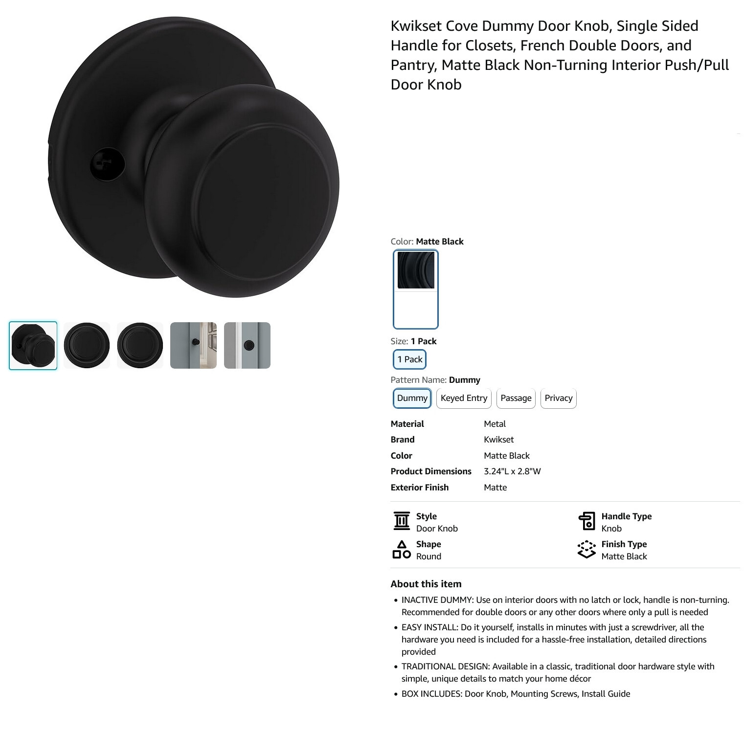 1 NEW KWIKSET 94880-615 MATTE BLACK COVE DUMMY DOORKNOB NIB ***MAKE OFFER***