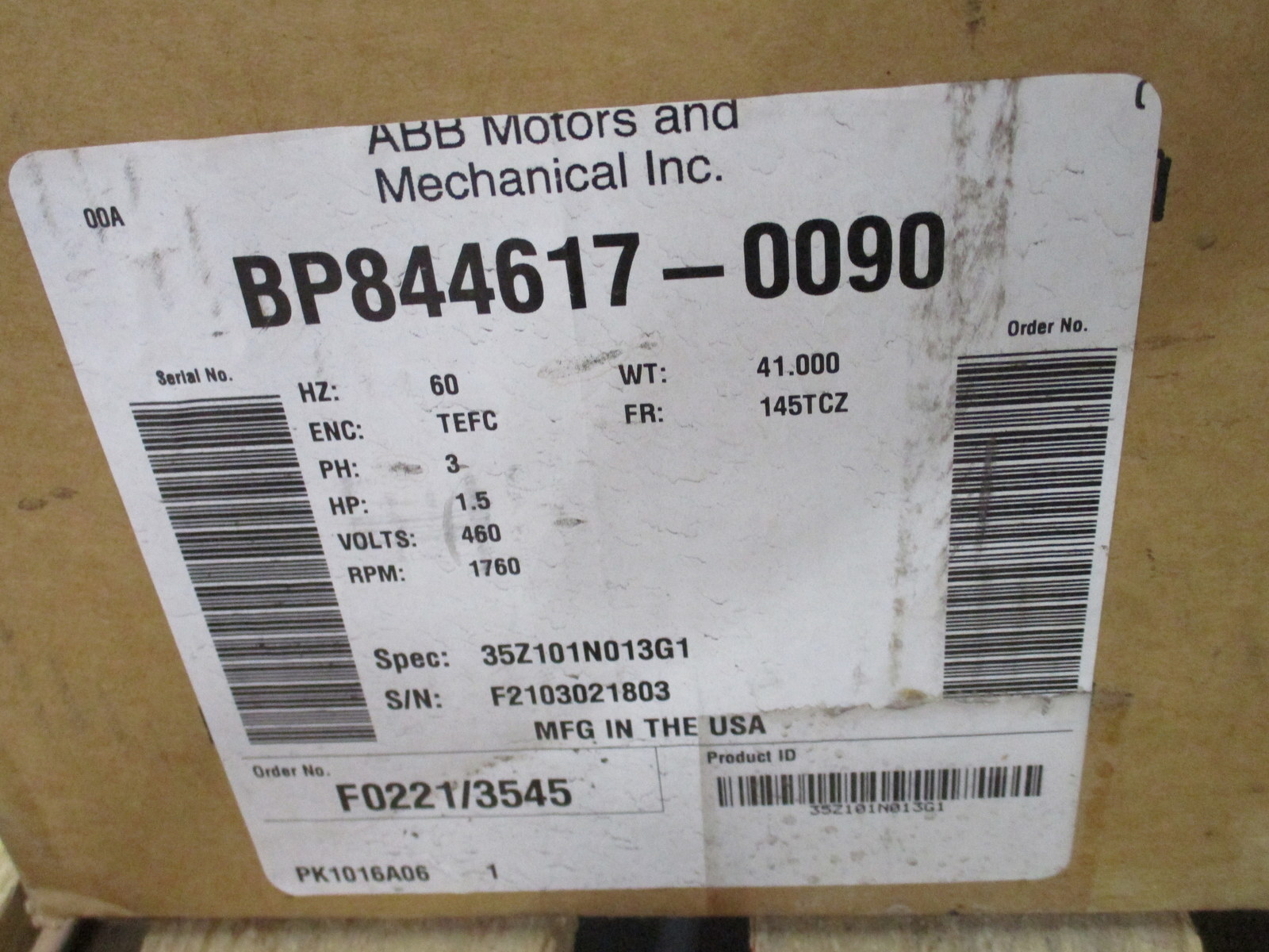 ABB Baldor Reliance 35Z101N013G1 Motor 1.5HP 3 Phase 460V 1760RPM