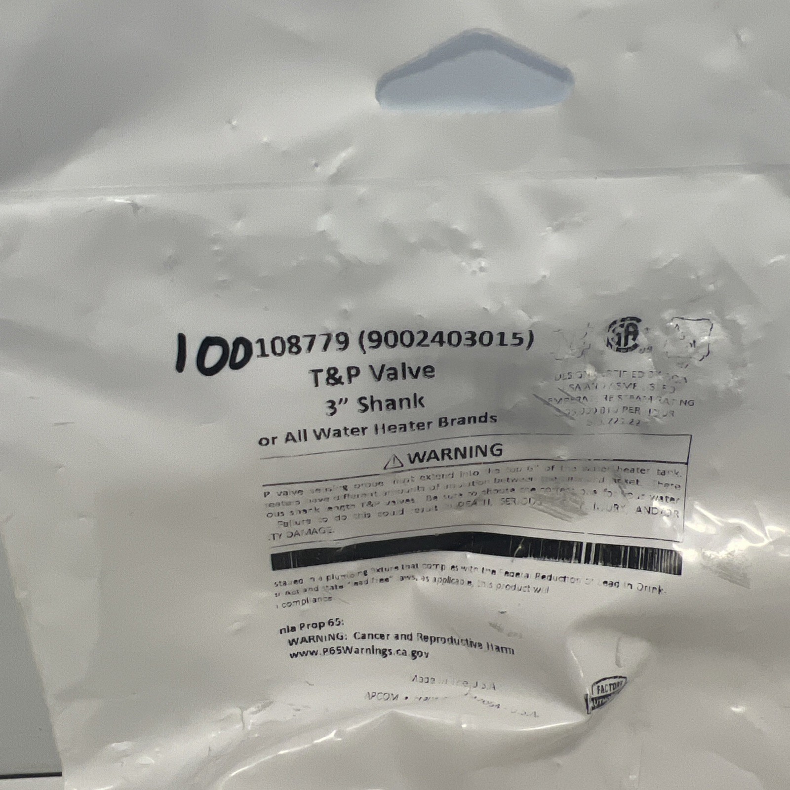 NEW, LOCHINVAR, 100108779, 3 IN SHANK, T&P VALVE. (17J-2)