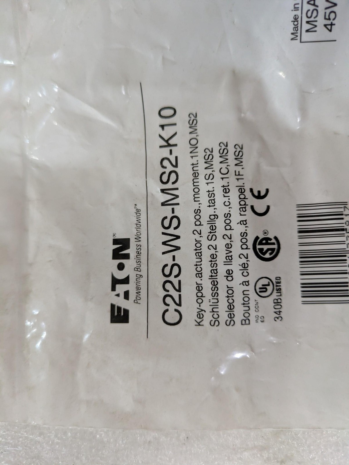 Eaton C22S-WS-MS2-K10 Key-Operated SWITCH Industrial Component Electrical
