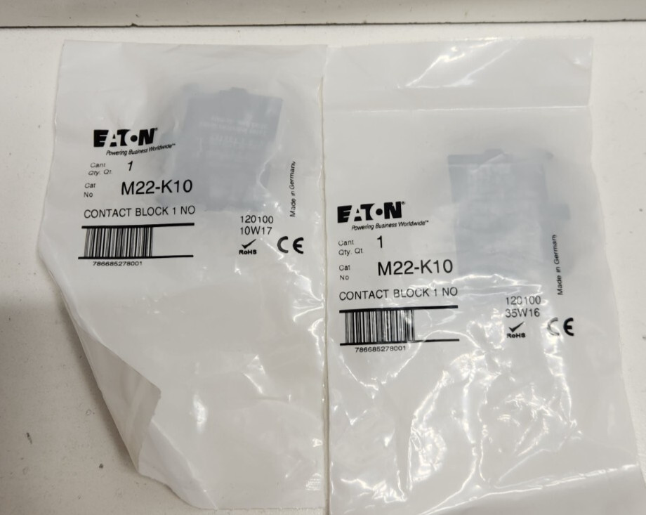 LOT OF 2 NEW IN BAG! EATON 6A 500V 1NO CONTACT BLOCKS M22-K10