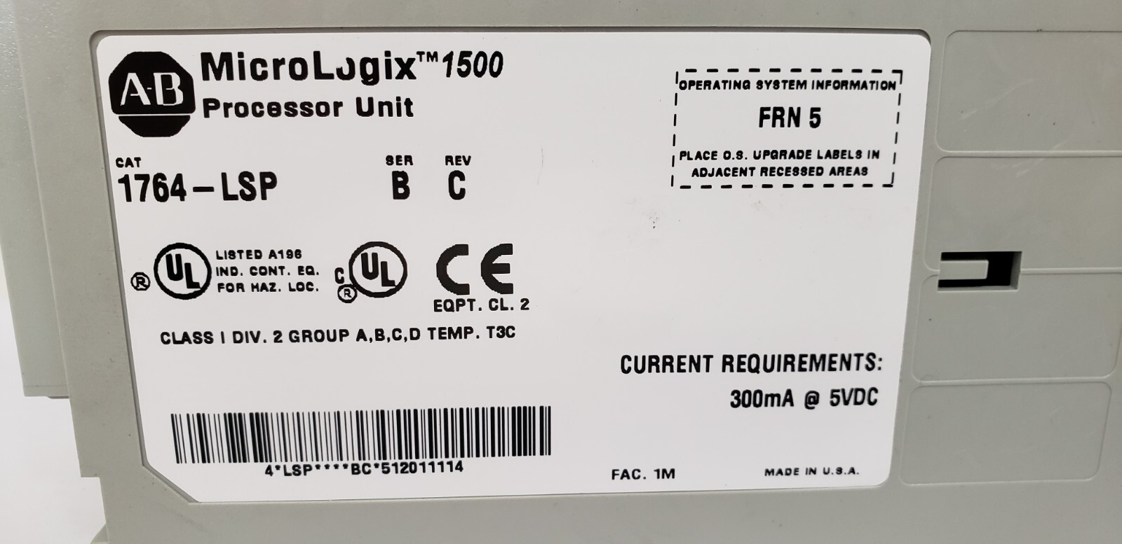 ALLEN BRADLEY 1764-LSP PROCESSOR UNIT MICROLOGIX 1500, SER. B REV. C, 300mA 5VDC