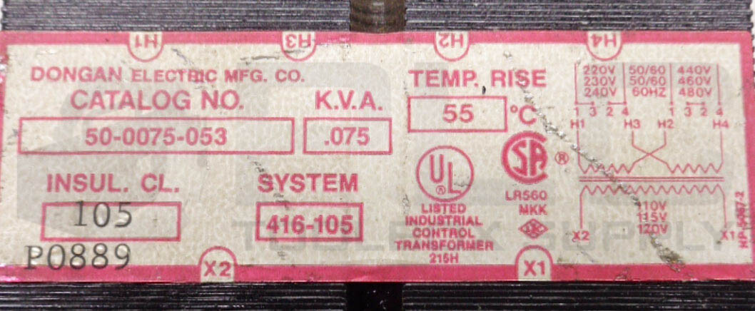 DONGAN ELECTRIC 50-0075-053 TRANSFORMER K.V.A. .075 SYSTEM 416-105