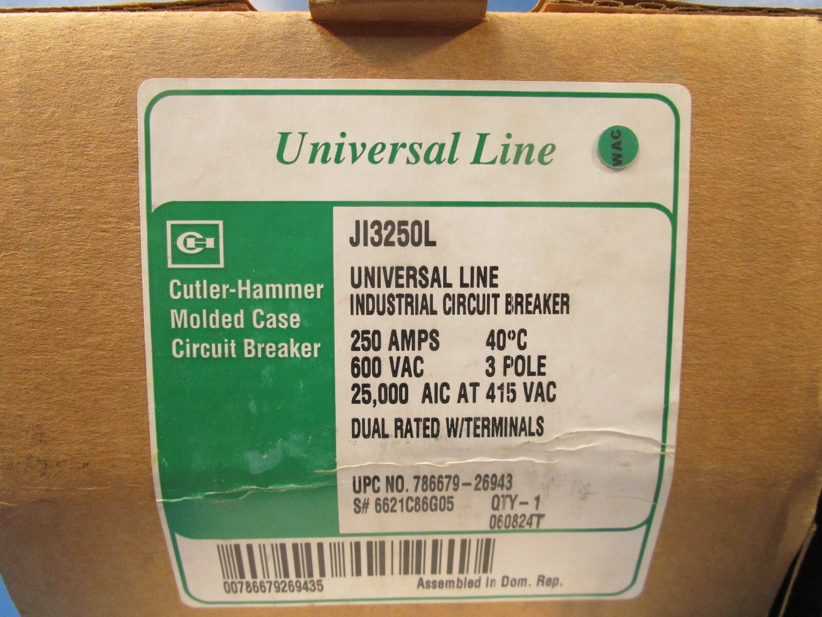 Cutler Hammer JI3250L, Industrial Circuit Breaker, 3 Pole, 250 A, 600 VAC Eaton