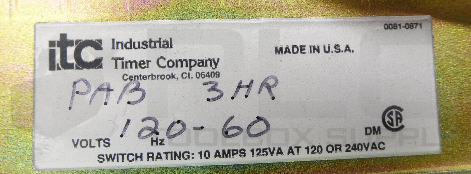 INDUSTRIAL TIMER CO PAB 3HR TIMER 0-3HR 120V 60HZ