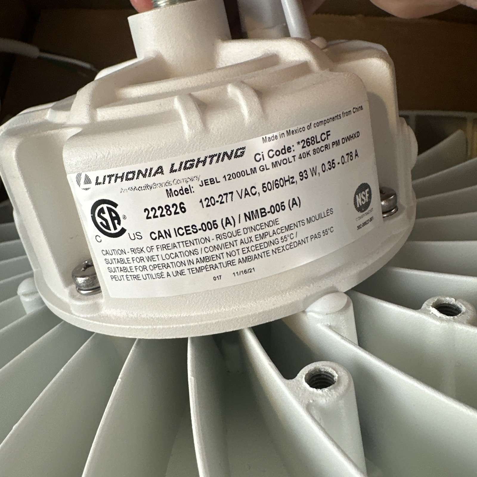 LITHONIA JEBL 12000LM GL HVOLT 40K 80CRI DWHXD ROUND HIGH BAY LED LIGHT 3/4” NPT