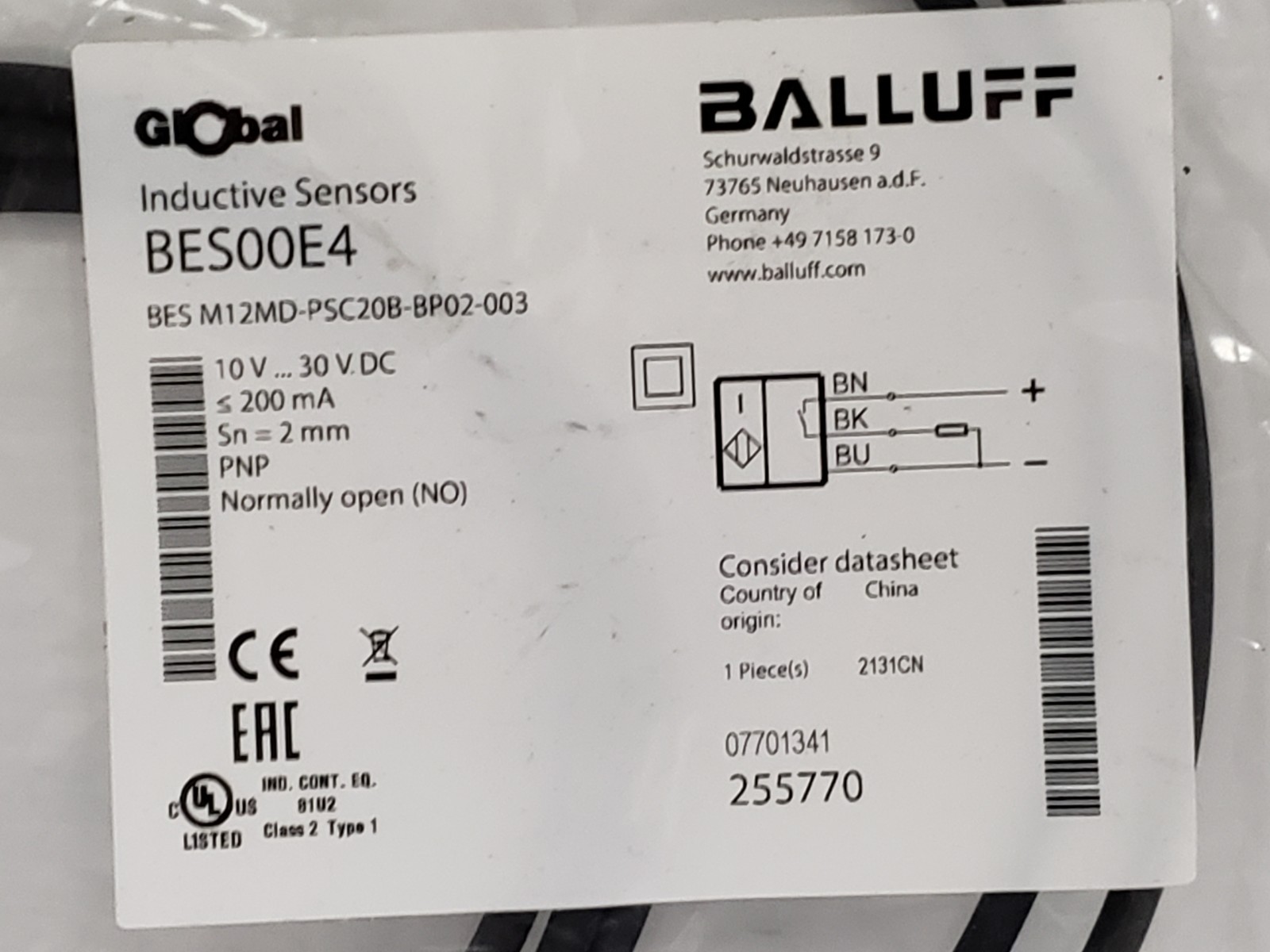 BALLUFFF BES M12MD-PSC20B-BP02-003 INDUCTIVE PROXIMITY SWITCH (BES00E4) NIB