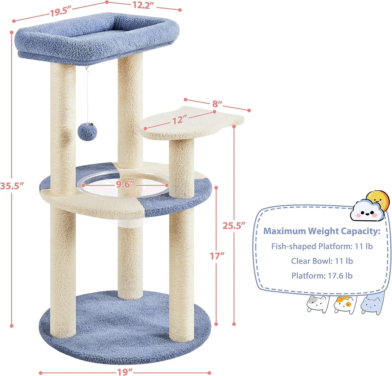 Topeakmart Small Tree for Kittens with Hanging Ball, 35.5″ H, Blue/Beige