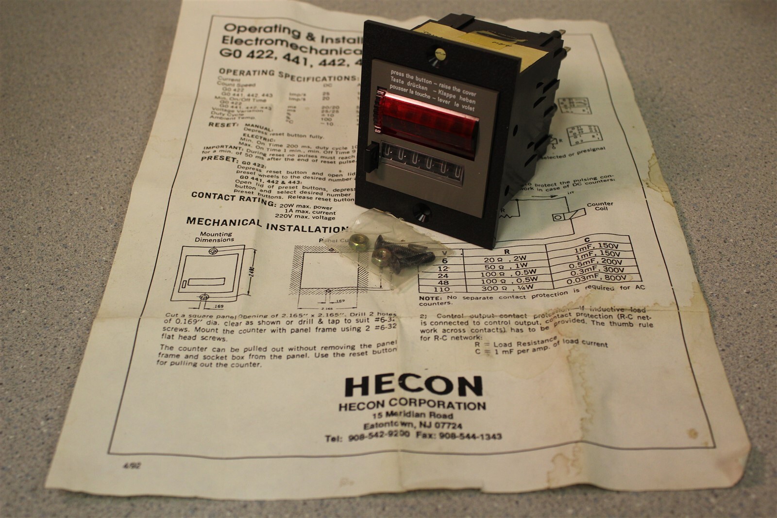 Hecon G04224824 Counter, Sticks @ 10M Cycles *FREE SHIPPING*