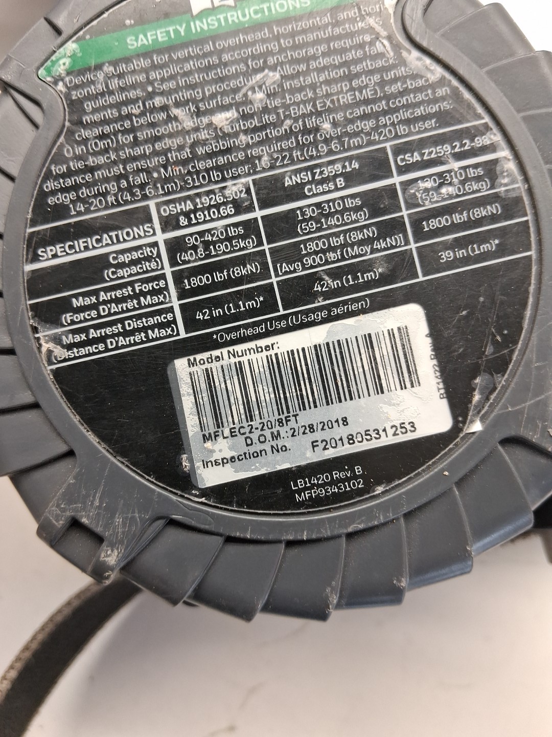 HONEYWELL MILLER MFLEC2-20/8FT Self-Retracting Lifeline,Gray