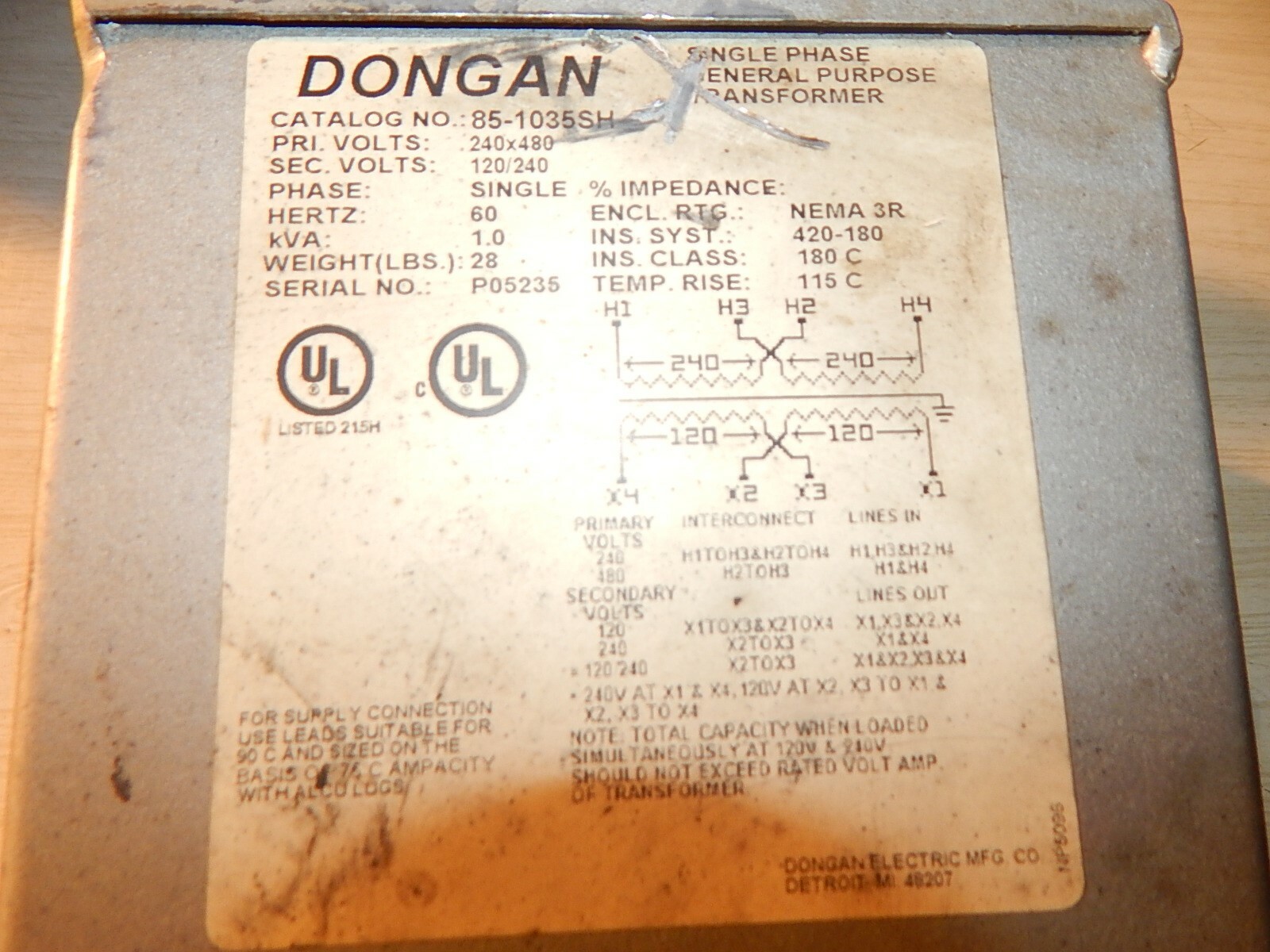 Dongan 85-1035SH P05235 NP-5096 Single Phase General Purpose Transformer