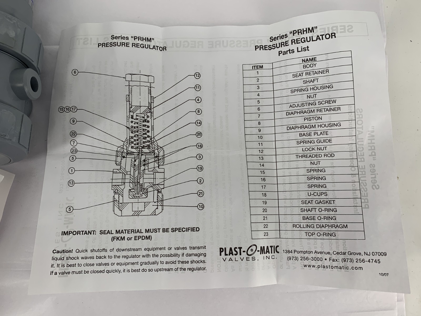 Plast-O-Matic Valves, Inc. PRHM050V-CP Thermoplastic Pressure Regulator 5-125PSI