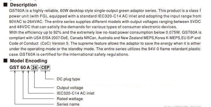 Mean Well GST120A24-CEP 24V 2.5 Amp 60W Regulated Switching Table Top Power