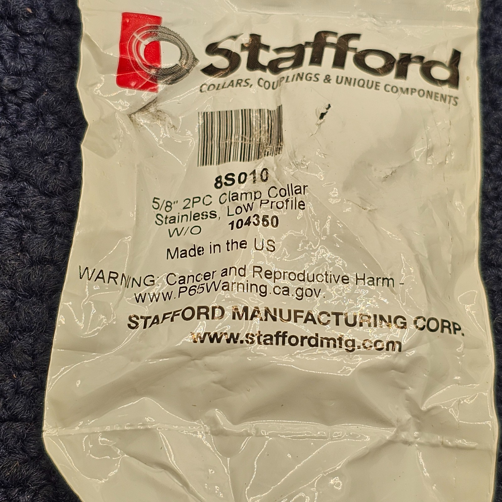 Stafford 8S010: 5/8″ Collar Clamp Stainless Steel 2 Piece Low Profile W/o 104350