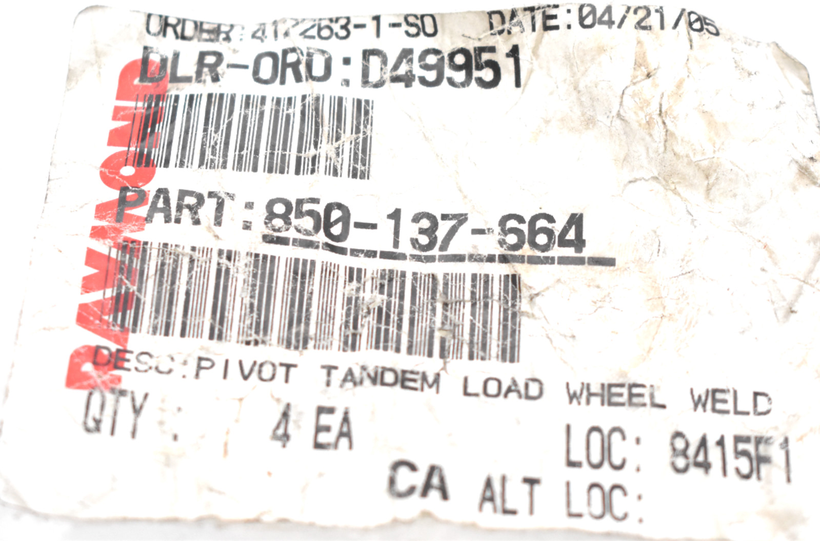 RAYMOND 850-137-664 PIVOT TANDEM WHEEL LOAD